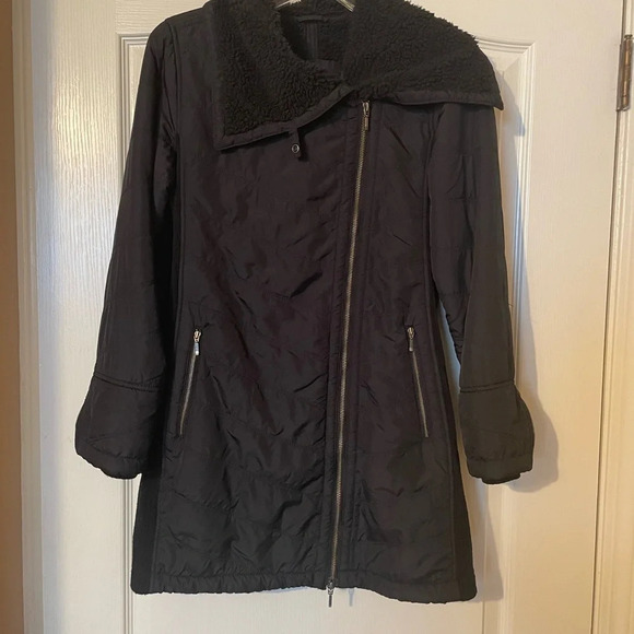 prAna Diva Quilted Sherpa Lined Long Jacket Size XS Black Asymmetrical Zip - Picture 2 of 11